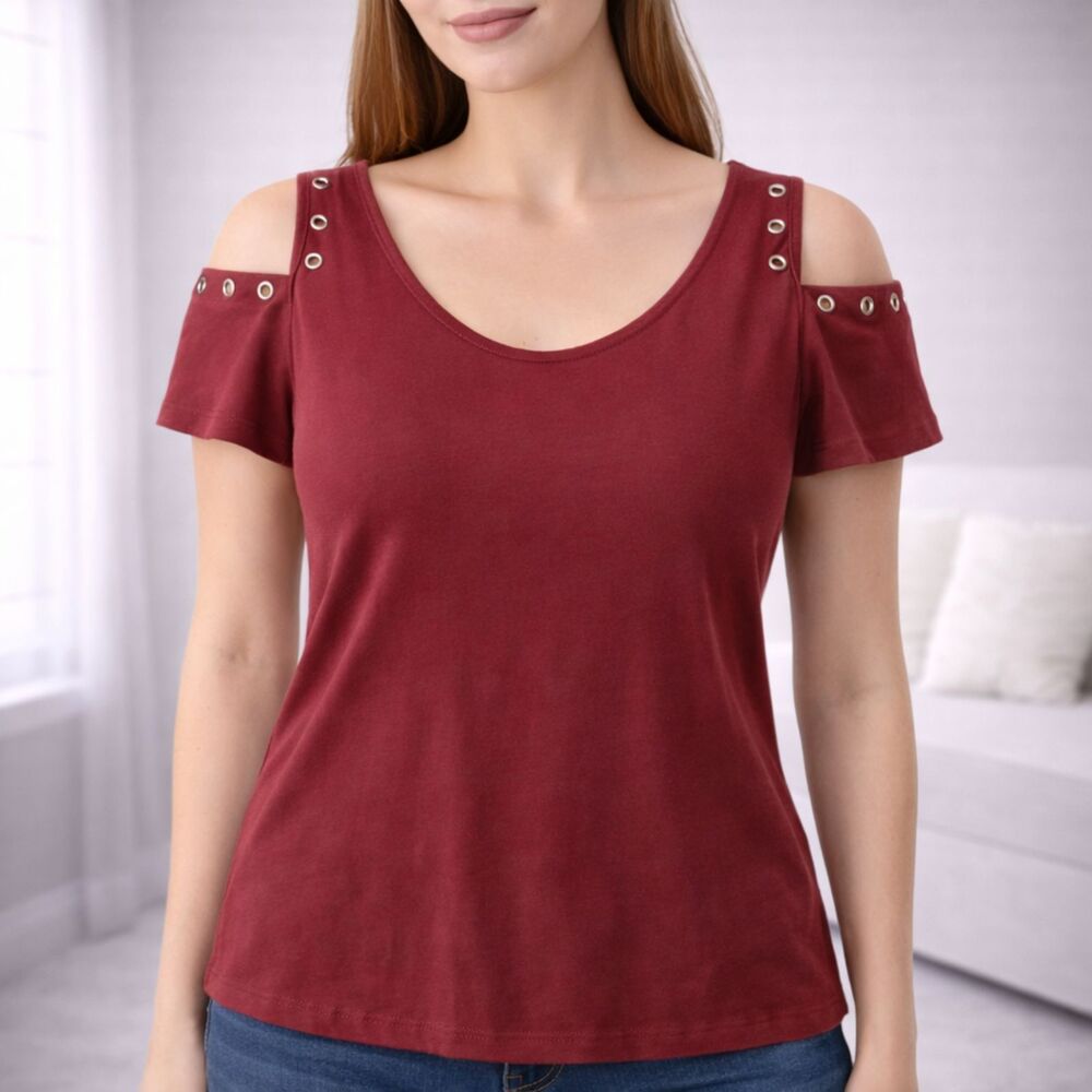 Occasion Maroon Cold Shoulder Rivet Detail Top S